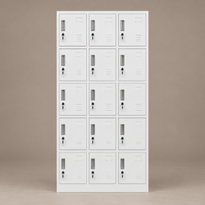 White steel locker cabinet with fifteen doors arranged in three columns and five rows