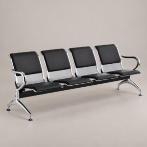 Four-seat black padded waiting bench with chrome frame