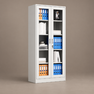 White full-glass office storage cabinet with two glazed doors