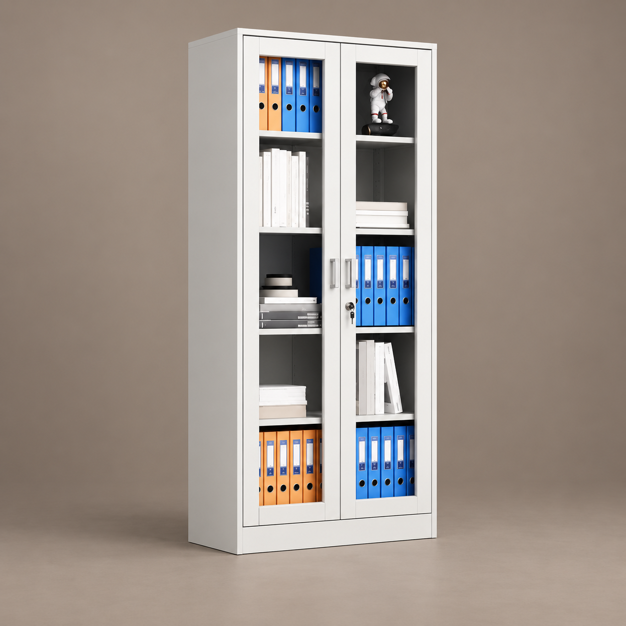 White full-glass office storage cabinet with two glazed doors