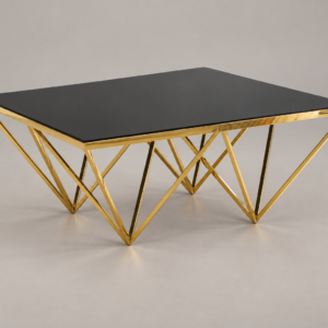Black glass coffee table with gold geometric frame