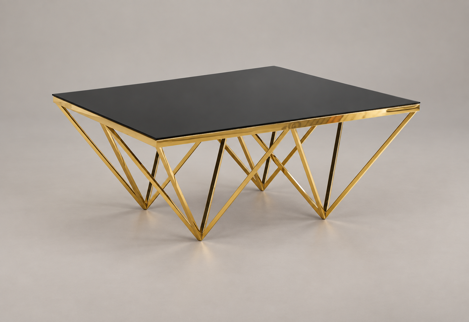 Black glass coffee table with gold geometric frame