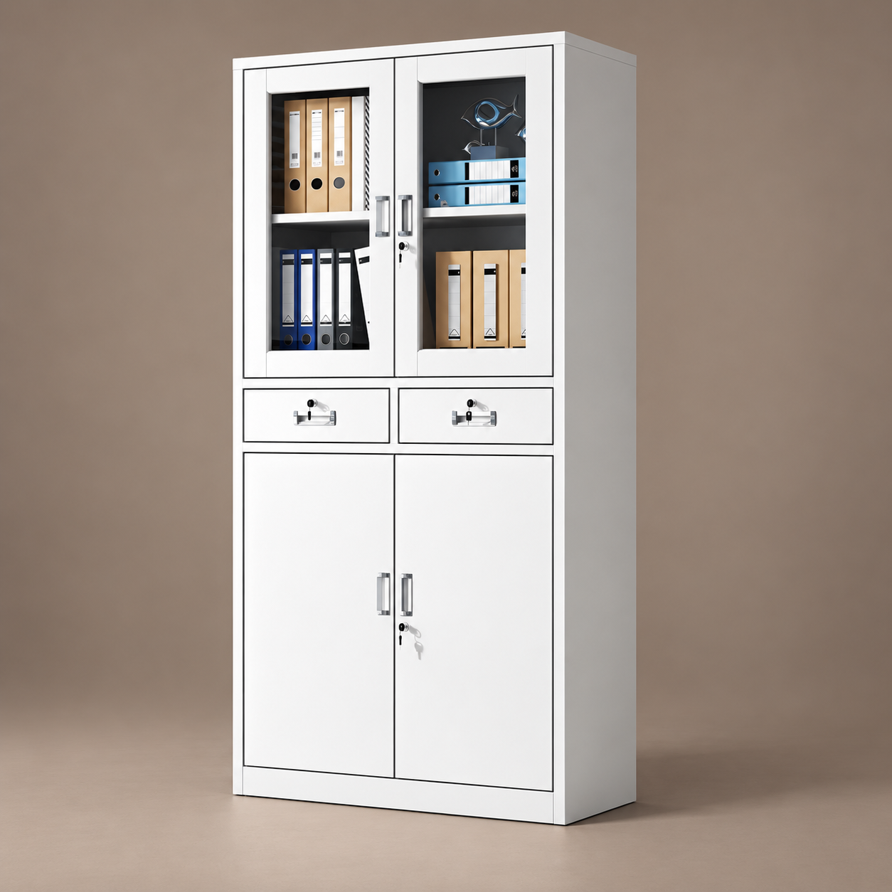 White half-glass metal office cabinet with two middle drawers and lower doors on a warm taupe background