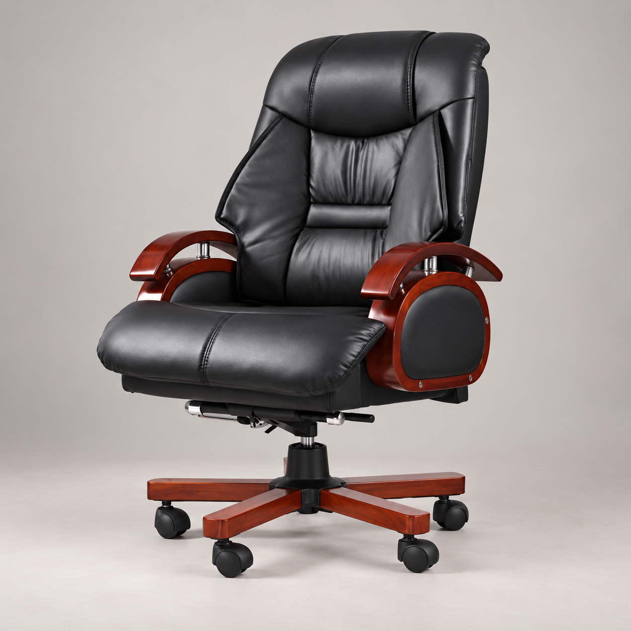 Black padded executive office chair with wooden armrests and caster base on a light warm gray background