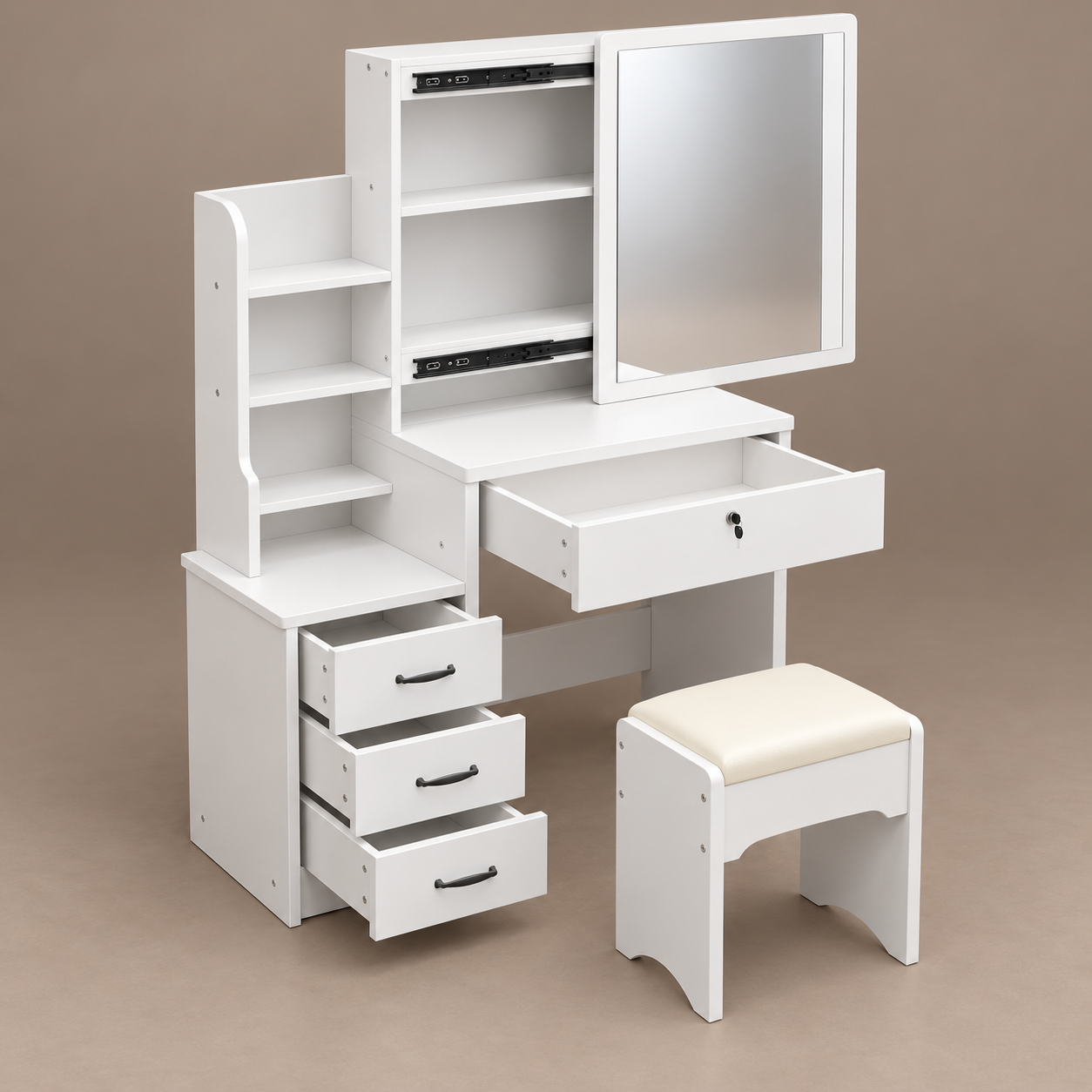 White dressing vanity with sliding mirror, open drawers and padded stool