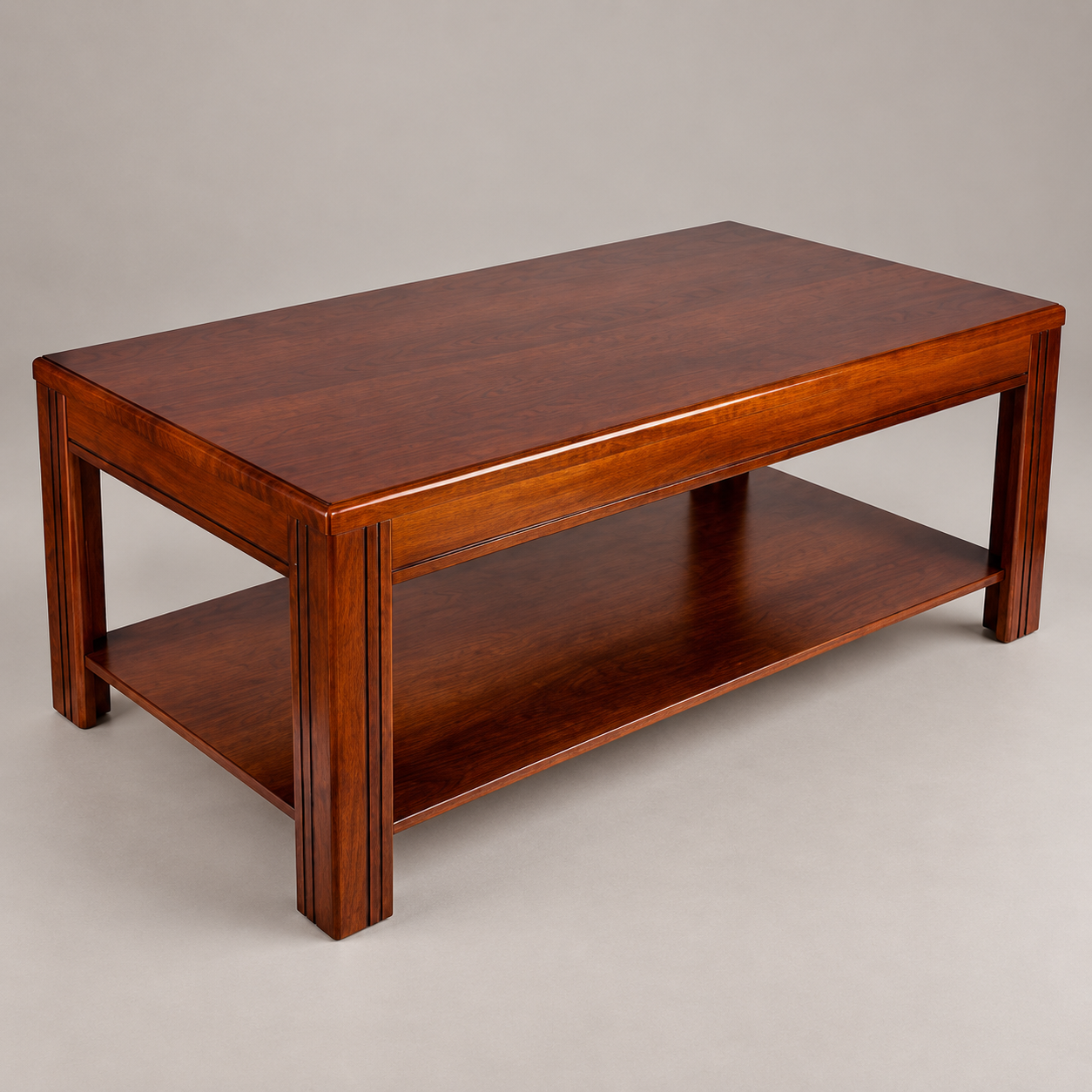 Brown wooden office coffee table with lower storage shelf