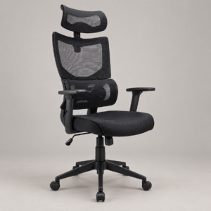 Black orthopedic office chair with mesh headrest and adjustable armrests
