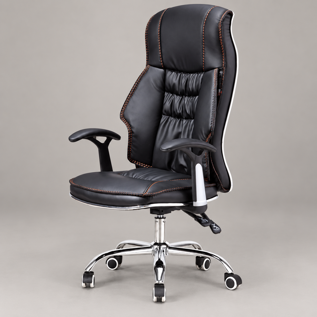 Black padded high-back office chair with contrast stitching and chrome base