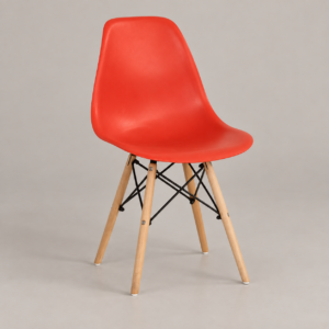 Red molded Eames chair with wooden legs and black cross bracing