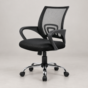 Black secretarial mesh office chair with loop armrests and chrome base