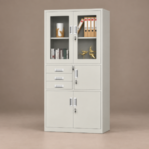 Light gray steel cabinet with glazed upper doors, drawers and safe compartment