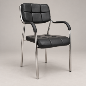 Black padded office visitor chair with chrome legs and armrests