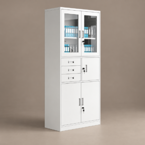 White steel cabinet with glazed upper doors, three drawers and safe compartment
