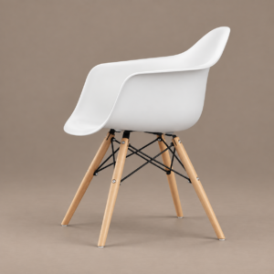 White molded bistro armchair with wooden legs and black cross bracing
